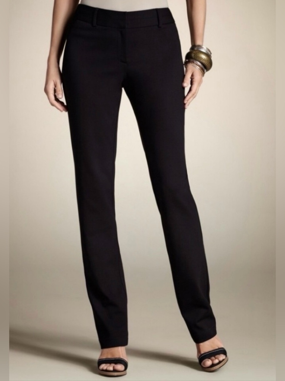 Chicos Black Ponte Straight Leg Dress Pants Faux Pockets Hook Eye Zip 0S/4S